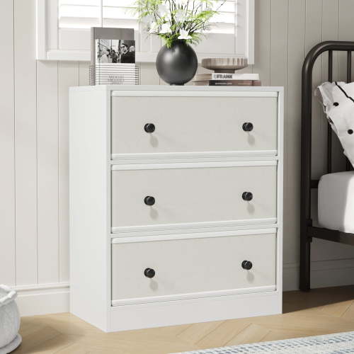 DIYART 3 Drawers Dresser for Bedroom, Modern Storage Cabinet with PU & Non-Woven Fabric Drawers, Small Fabric Dresser for Bedroom and Living Room, White