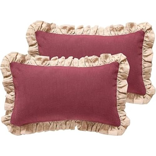 patdrea Rhodo Shabby Chic Decorative Throw Pillow Covers 12x20 Set of 2,Farmhouse Linen Pillow Covers with Ruffles,Rectangle Sturdy Throw Pillow Case for Couch Sofa Bed Living Room