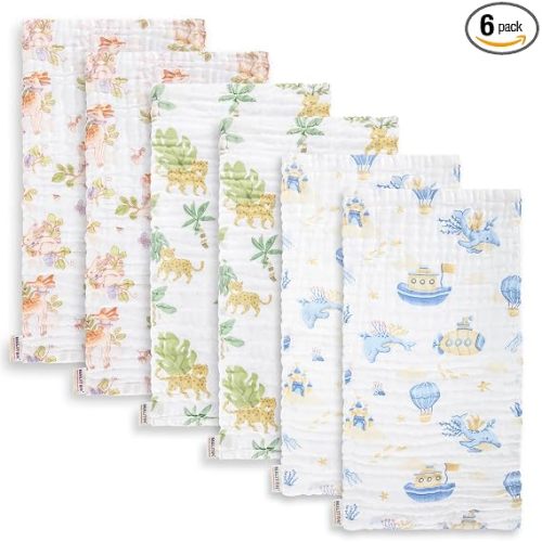 Maliton Muslin Baby Burp Cloths 20" x 10" - Large, 6-Layer, Ultra Absorbent 100% Cotton for Baby Drool & Messes, Soft, Pack of 6, Safe & Gentle Baby Rags for Boys & Girls - Floral
