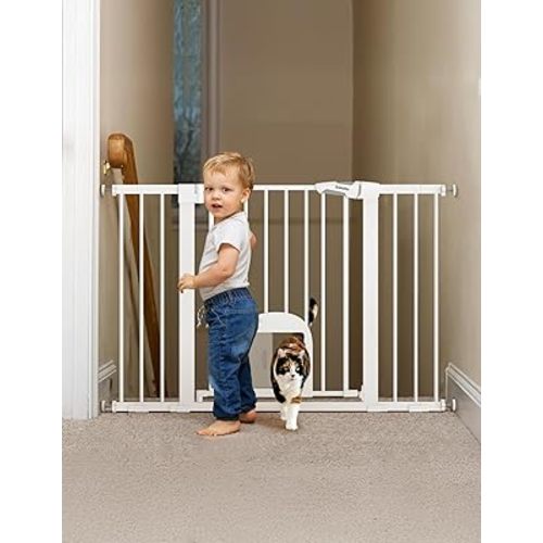 Babelio Barrière extra large pour bébé avec porte pour chat réglable, facile à installer, montage par pression/matériel, pour escaliers, portes, maison, fermeture automatique, blanc, 73,7 à 121,9 cm