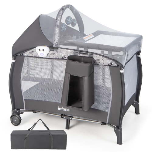 OLAKIDS 4 in 1 Pack and Play, Portable Travel Baby Playard with Bassinet, Changing Table, Canopy, Mosquito Net, Hanging Toys, Music Box, Storage Bag, Large Playpen from Newborn to Toddlers