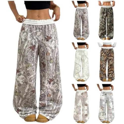 Camo Pants Women Wide Leg Y2K Camoflage Pants High Waisted Baggy Trousers Straight Cargo Lounge Joggers Sweatpants