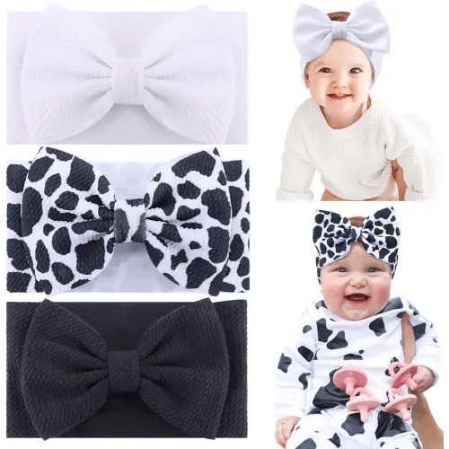 Cow Baby Bows, 3pcs Western Cowgirl Elastic Nylon Headbands for Baby Girls, Soft Handmade Print Newborn Hairbands Hair Accessories for Preemie Infant Toddlers Birthday Party
