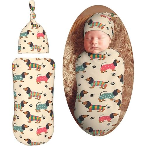 KiuLoam Colorful Cute Dachshund Paw Print Swaddle Blanket with Beanie Hat Set Newborn Receiving Blankets Baby Swaddle Wrap Soft Sleep Sack for Baby Boys and Girls