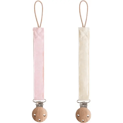 mushie Linen Baby Pacifier Clip Holder | Soft Fabric Strap, 2-Pack (Blush/Cream)