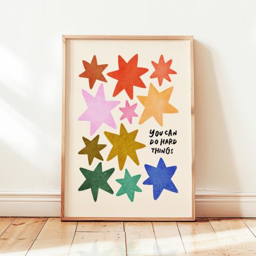 You Can Do Hard Things Print, Colorful Stars Kids Playroom Poster, Nursery Wall Decor, UNFRAMED