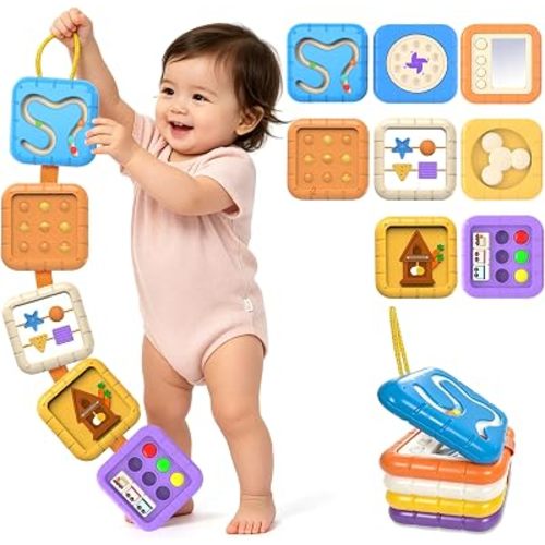 DQMOON Busy Board for 1 Year Old,8-in-1 Travel Toys for Toddler 1-3 on Airplane Car,Montessori Toys Busy Board Busy Cube, Sensory Educational Development Toys,Birthday Gifts for Boy&Girl Baby