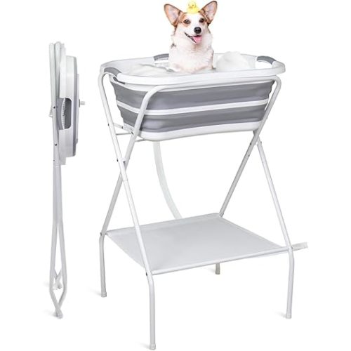 Portable Dog Bath Tub and Dog Washing Station, Collapsible Elevated Pet Tub for Bathing, Showering, Grooming, Pet Bathing Basin for Small to Medium Dogs, Cats and Other Pets (Built-in Drainage System)