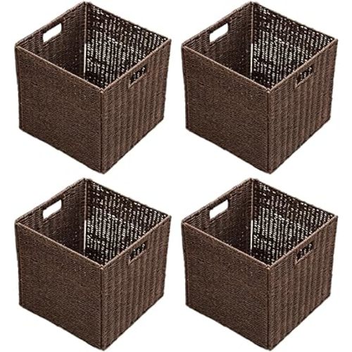 Handwoven Paper Woven Cube Basket Organizer with Handles set of 4 Foldable Storage baskets for Bedroom Living Room Cubby Storage Units for Clothes Books Toys (Brown, 13" L x 13" W x 13" H)