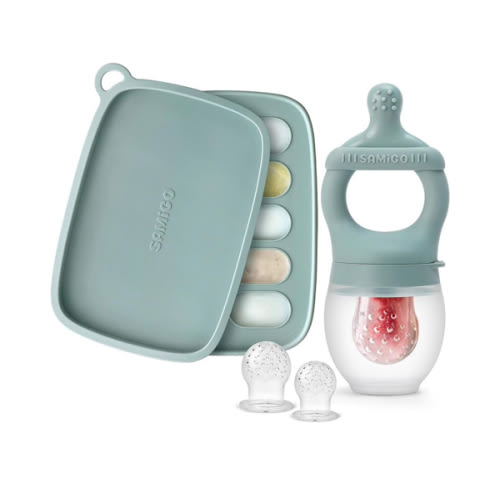 SAMiGO Baby Food Fruit Feeder and Breastmilk Popsicle Mold Set, Silicone Fruit Teether, Food Feeder Pacifier for Teething Relief, Freezer Tray, Baby Feeding Essentials, 4 Months+