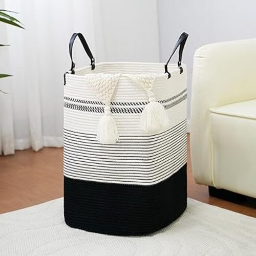 danpinera 75L Woven Laundry Hamper with Long Leather Handles, Baby Laundry Basket for Nursery, Tall Hampers for Bedroom Aesthetic, Decorative Clothes Storage Basket for Family White & Black