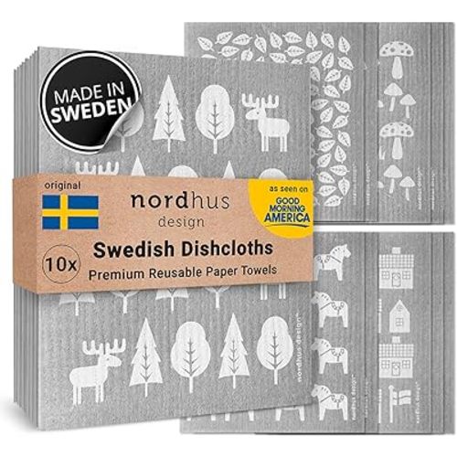 Nordhus Design Swedish Dishcloths,10 Grey Cloths, Made in Sweden - Reusable, Washable Cellulose Cotton Kitchen Cloths - Replace Paper Towels, Wipes, Sponges, Dish Rags