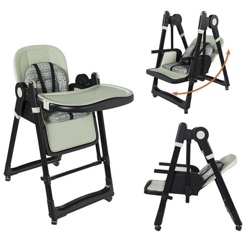 Baby High Chair for Babies and Toddlers, Foldable Feeding Chair with Wheels, Adjustable Seat Height, Backrest, Footrest, Removable Tray, PU Cushion, 5-Point Harness, Green