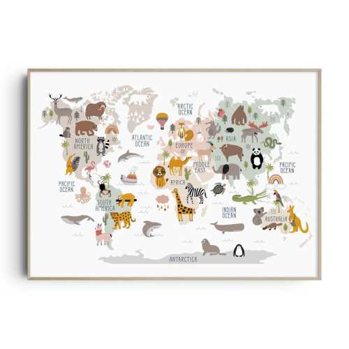 Nursery Print, World Map Animal Print, Safari Nursery Wall Art, Safari Nursery Decor, Kids Wall Art, Animal Map, Kids Wall Art, Boho