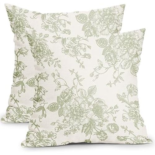 Vintage Floral Pillow Covers 18x18 Inch Set of 2 Sage Green and Cream Floral Throw Pillow Covers Chinoiserie Flower Pillowcases Rustic Farmhouse Cotton Linen Cushion Covers for Couch Bed Sofa Decor