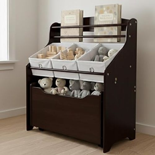 Humble Crew 3-in-1 Kids Bookshelf and Toy Storage Organizer, Espresso/White - Toddler Organizers with Rolling Toy Box and 3 Fabric Bins – Sturdy Baby Book Shelf, Perfect for Nursery and Playroom