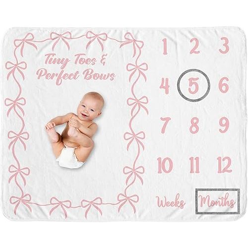 Sweet Jojo Designs Baby Milestone Blanket (Pink Bows) for Girls, Infant Receiving Blankets for First Year Monthly Newborn Photography Props (Elegant, Tiny Toes & Perfect Bow for the Ballet Collection)