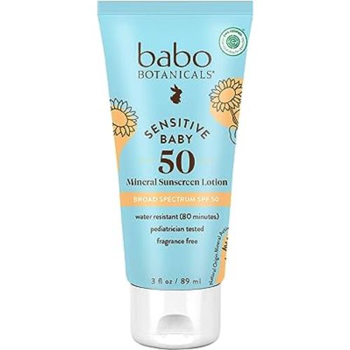 Babo Botanicals Sensitive Baby Mineral Sunscreen Lotion SPF50 - Natural Zinc Oxide - Face & Body - Fragrance-Free - Water-Resistant - EWG Verified - Vegan - Extra Sensitive Skin - For Babies & Kids