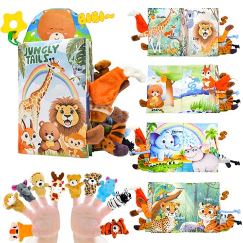 Baby Toys 0-6 Month, Crinkle Books for Babies, Jungle Tails Soft Baby Cloth Books 6 to 12 Months with 10 Pcs Jungle Animal Finger Puppets, Infant Tummy Time Sensory Toys, Newborn Gifts for Boys Girls