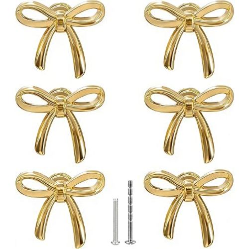 Gold Bow Cabinet Knobs(Set of 6), Brass Drawer Pulls Decorative Bow Dresser Handle Cute Cabinet Pulls for Nursery, Girls' Room & Vanity Bedroom Kitchen Cupboard Bathroom Hardware