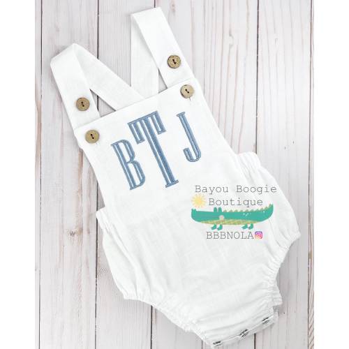 Personalized Linen Baby Boy Romper: Embroidered Monogram Bubble
