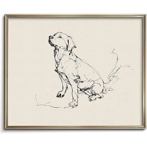 Vodefoad Vintage Dog Sketch Retro Wall Art Labrador Retriever Ink Drawing Print Boho Neutral Line Art Boy Room Nursery Decor - 8x10Inch Unframe