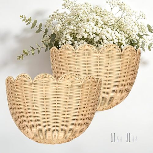 2PCS French Provence Scalloped Scallop Woven Wicker Wall Baskets Basket