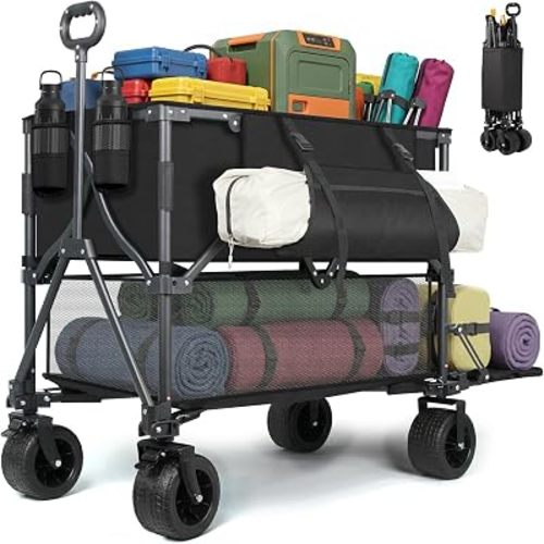 Double Decker Wagon 400L Large Capacity & 600LBS Foldable Utility Cart, 54" Extra Long Collapsible Heavy Duty Wagon with All-Terrain Big Wheels for Beach, Camping, Sports & Gardening