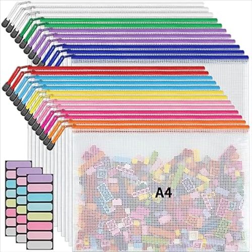 JARLINK A4 Letter Size 24 Pack 10 Colors Zipper Mesh Document Pouch, Mesh Bags for Board Games & Puzzles, Waterproof Document Zipper Pouches for Office School Supplies, Toys, Cosmetics Travel Storage