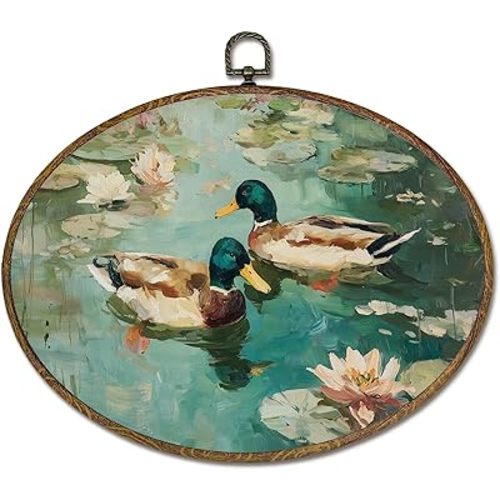 LKETW Vintage Mallard Duck Oval Wall Art Decor, Rustic Farmhouse Duck Oval Canvas Hanging Decor, Country Lakeside Floral Farm Animal Wall Decorations for Home Bedroom Living Room, 8.6x11.4 Inch