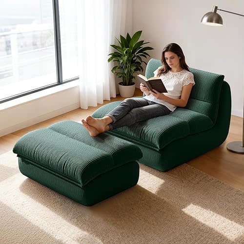 Boneless Chaise Lounge Chair Indoor, Adult Bean Bag Chair with Ottoman, Memory Foam Stuffed Lazy Sofa for for Living Room Bedroom Office Apartment, No Assembly,Green