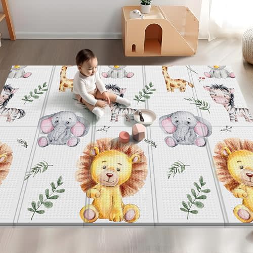 Noonkty 71x59 Foldable Foam Baby Play Mat for Floor, Babies Activity Tummy Time Playmat, Kids Non Toxic Foam Thick Play Mat for Baby, Toddlers, Waterproof & Anti-slip Crawling Mats, Lion,71x59x0.4