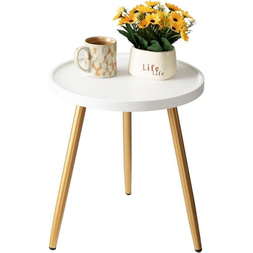 danpinera Small Gold Side Table with Wooden Tray, End Table for Living Room