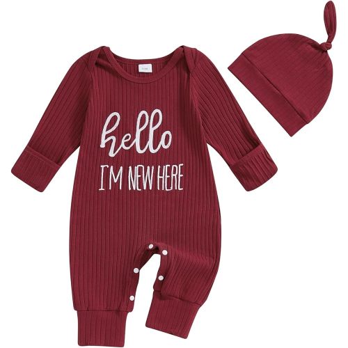 FIOMVA Im New Here Newborn Outfit Boy Long Sleeve Letter Romper Ribbed Knit Jumpsuit Baby Boy Preemie Coming Home Outfit