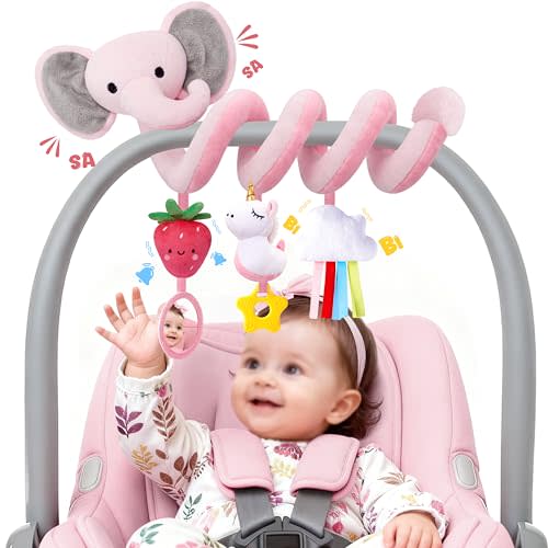 Spiral Car Seat Toys for Baby Girls 0-6 Months, Cute Pink Elephant Strawberry Stuff, Perfect Newborn Shower Gifts for Girls Essentials