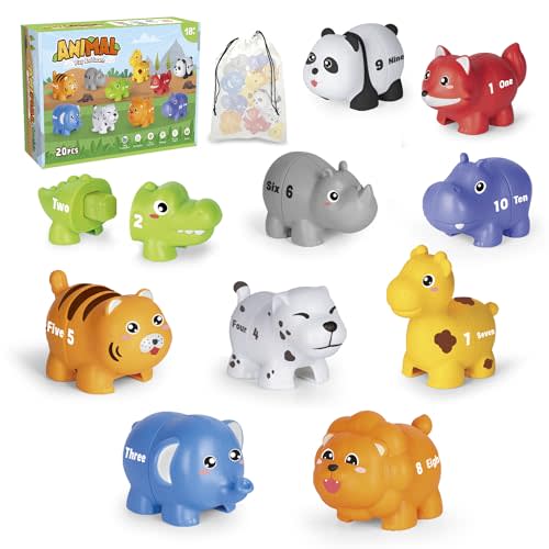 Jetbotell Learning Toys for 2 3 4 Year Old, 20 Pcs Number Matching Game with Digital English, 10 Different Animal Figures, Preschool Activities Montessori Fine Motor Toys for Toddlers Kids