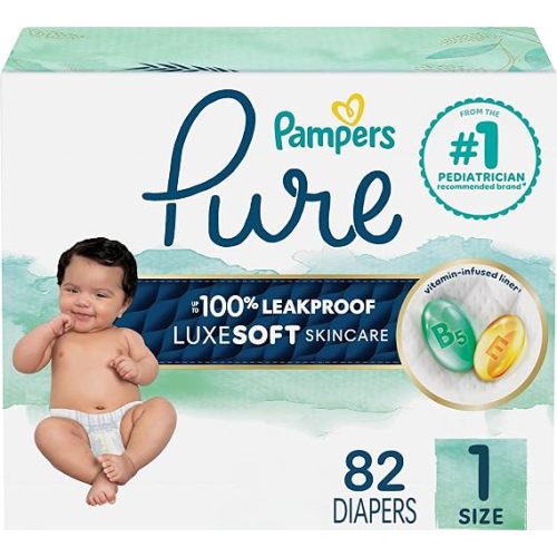 Pampers Pure Baby Diapers, Size 1 (8-14 lbs), 82, Up to 100% Leakproof, Premium Hypoallergenic Soft Diapers