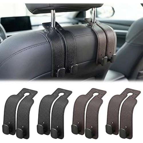 Headrest Hooks for Car, 4 Pack Car Seat Back Organizer Storage Hook, Double Hook Leather Car Seat Hooks for Purses and Bags, Groceries, and Accessories (Black*2+Brown *2)