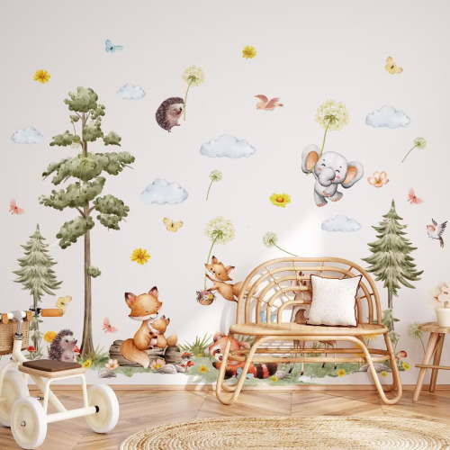 Mountain Tree Wall Stickers Large Pine Tree Forest Animal Bear Fox Peel and Stick Wall Art Decals for Kids Room Baby Nursery Bedroom Living Room Kitchen Home Decoration