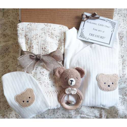 Teddy Bear Baby Gift, New Baby Basket, Gender-Neutral Gift Set, Welcome Home Baby