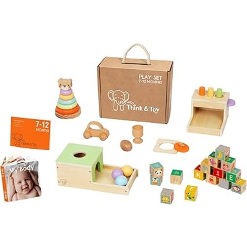 Think & Toy 8-in-1 Montessori Baby Playset 7–12 Months – Wooden Educational Toys with Peg Drop, Blocks, Object Permanence Box, Bear Tower, Car, Egg & Cup, Mirror Puzzle, Book