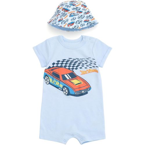 Hot Wheels Romper and Bucket Sun Hat Outfit Set Newborn to Toddler Sizes (Newborn - 4T)