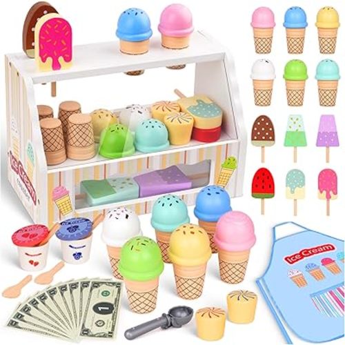 Wooden Ice Cream Toy, Ice Cream Counter Playset for Kids, Toddler Pretend Play Kitchen Accessories with Colorful Apron, Scoop, Menu, Fake Money, Birthday Gift Toys for 2 3 4 5 6 Year Old Boys Girls