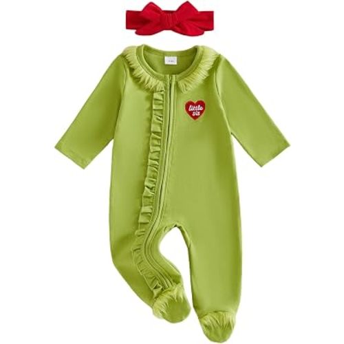 My First Christmas Outfit Baby Girl Green Heart Romper Jumpsuit Onesie