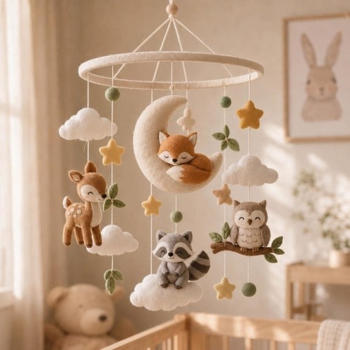 Handmade Woodland Baby Mobile, Fox Deer Raccoon & Owl Nursery Mobile, Neutral Crib Mobile
