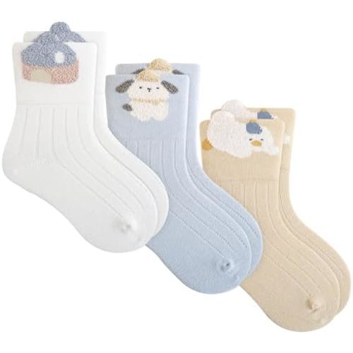 Baby Crew Socks, Set of 3 Cartoon Fuzzy Cotton Infant Socks for Girls & Boys, Unisex Toddler Daily Wear