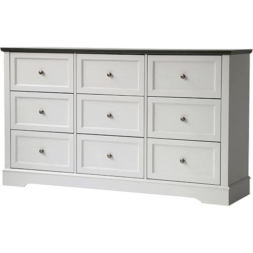 LOUVIXA Farmhouse Dresser 9 Drawer, Bedroom Chest of Drawers, Dressers with 9 Drawers, Wooden Dressers for Bedroom, Living Room, Tv Stand, Entryway(Off White-Brown)