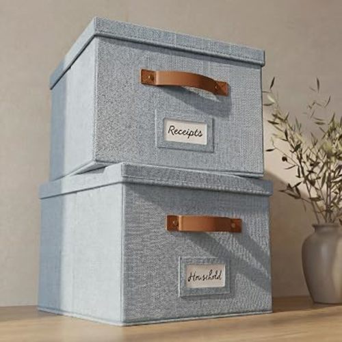 Decorative File Organizer Box Set of 2 - Collapsible Linen Filing Cabinets