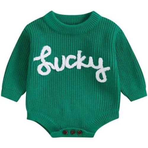 Baby Boy Girl St Patricks Day Outfit Lucky Embroidery Sweater Bubble Romper Long Sleeve Knit Bodysuit Outfits