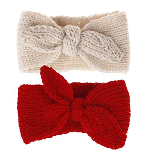Turban Headband Baby Girl - Warm Rabbit Knot Hair Band Wrap Newborn Toddler Children 2Pcs (Red+Beige, One Size)